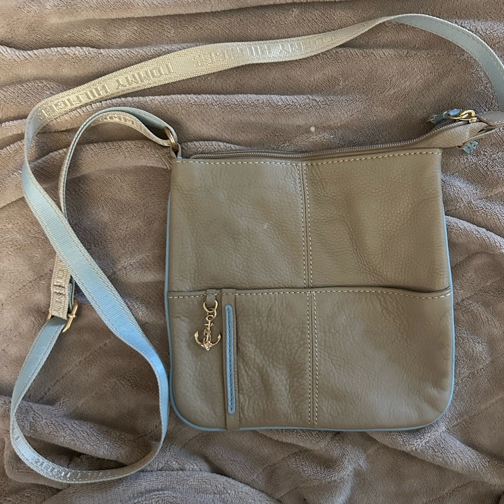 Tommy Hilfiger Taupe Crossbody with Anchor Charm and Light Blue Trim